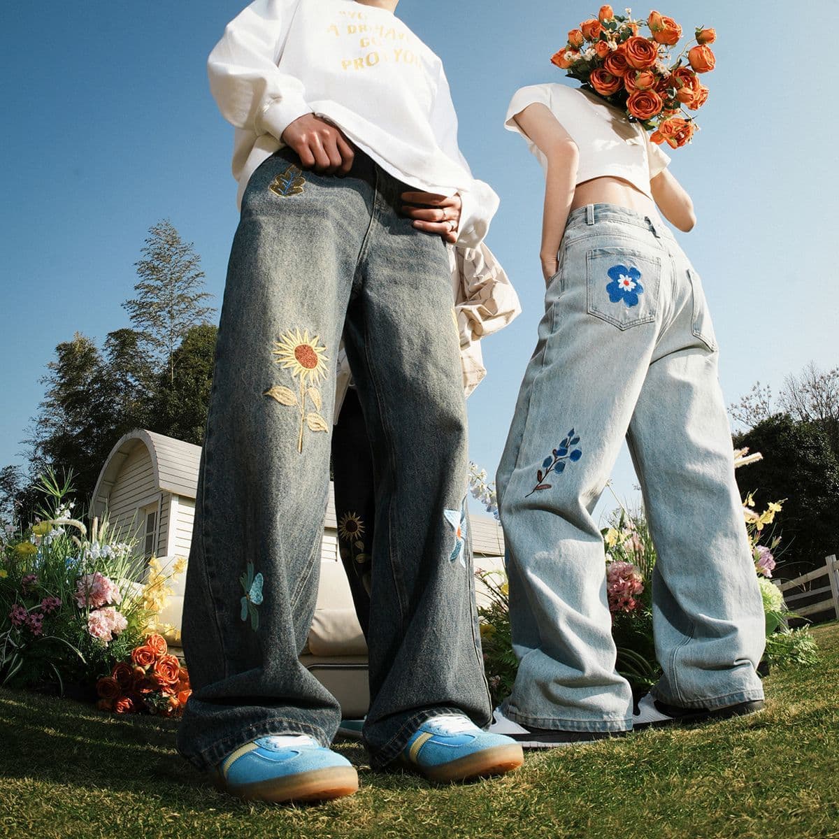 Cross-border American Retro Design Flower Embroidered Jeans for Men 2025 Spring/Autumn Couple Straight Leg Jeans