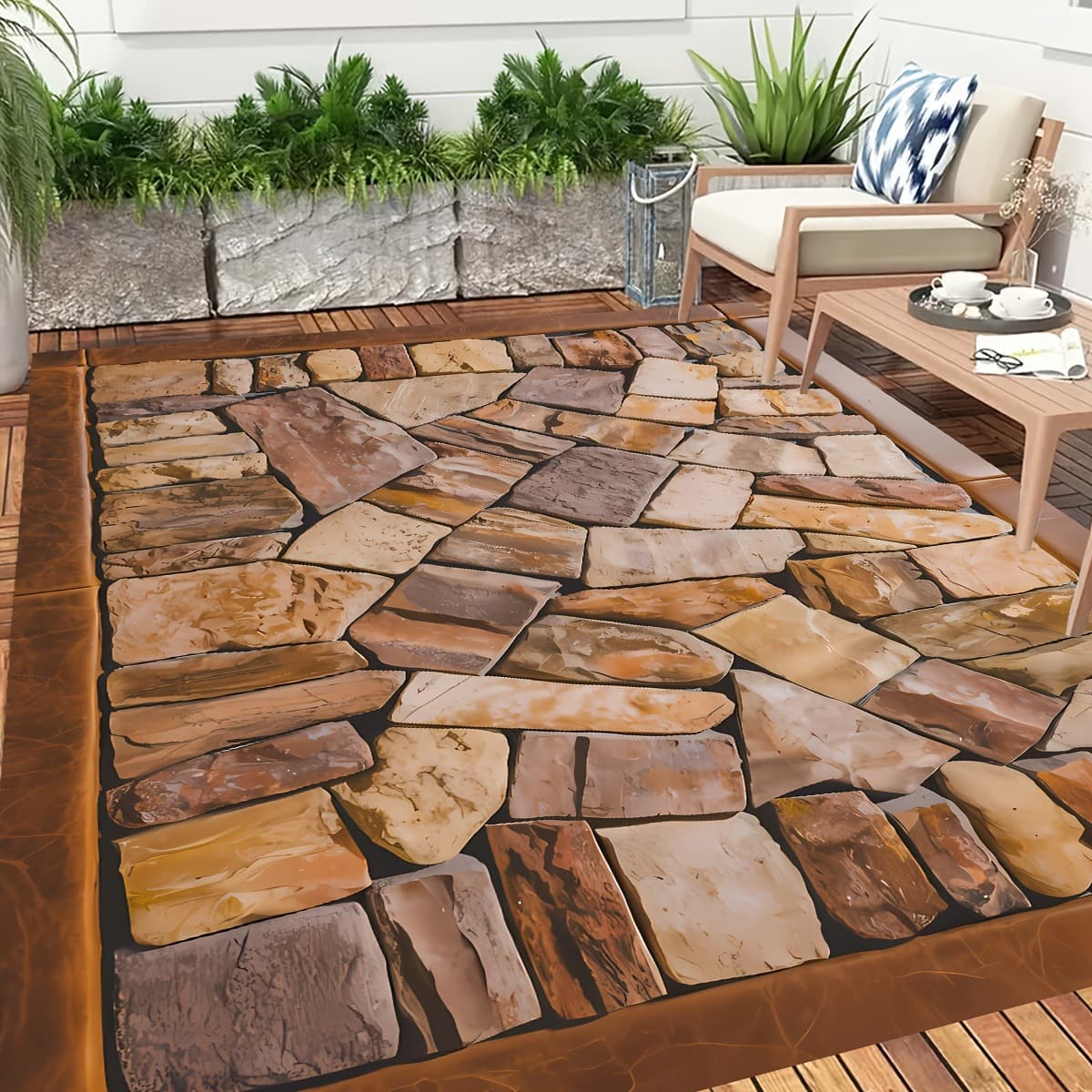 Stone Texture Living Room Carpet 3D Visual Outdoor Camping Rug Wear-Resistant and Stain-Resistant Sunroom Carpet Bedroom Bedside Rug
