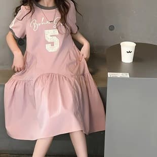 Girls Summer Dress 2026 New Fashionable Printed Patchwork Dress for Big Kids Korean Style Casual Princess Dress