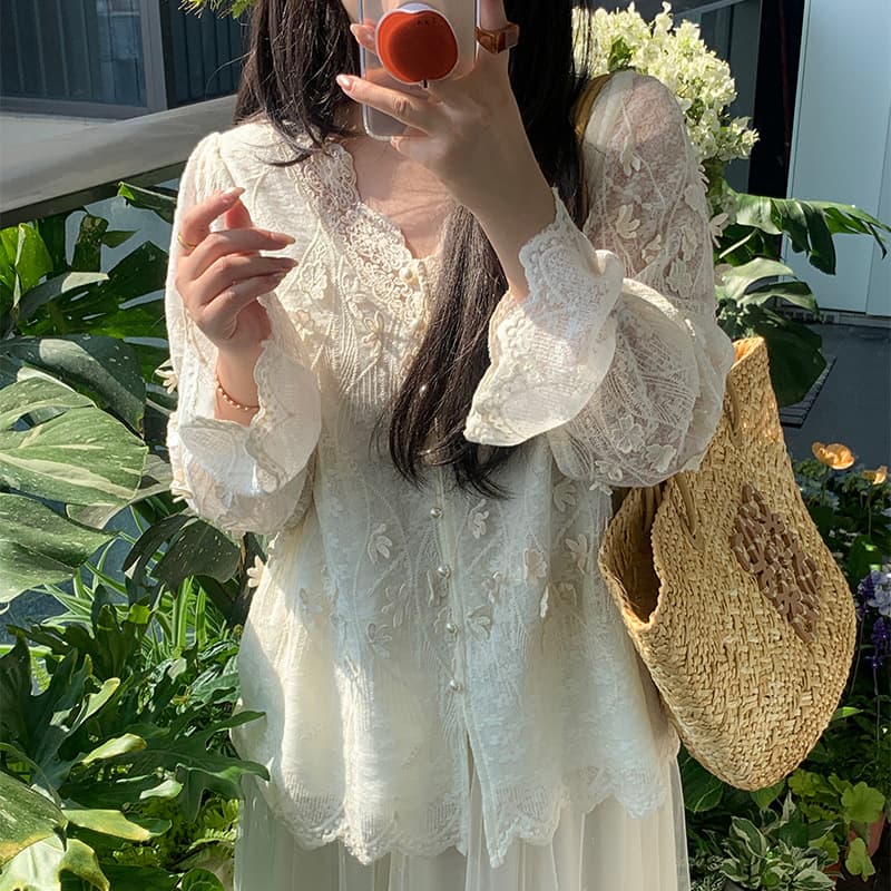 DD Aiyuan 26 New Plus Size Women's Spring/Summer Lace Jacquard Bell Sleeve Cardigan French High-End Top 9251