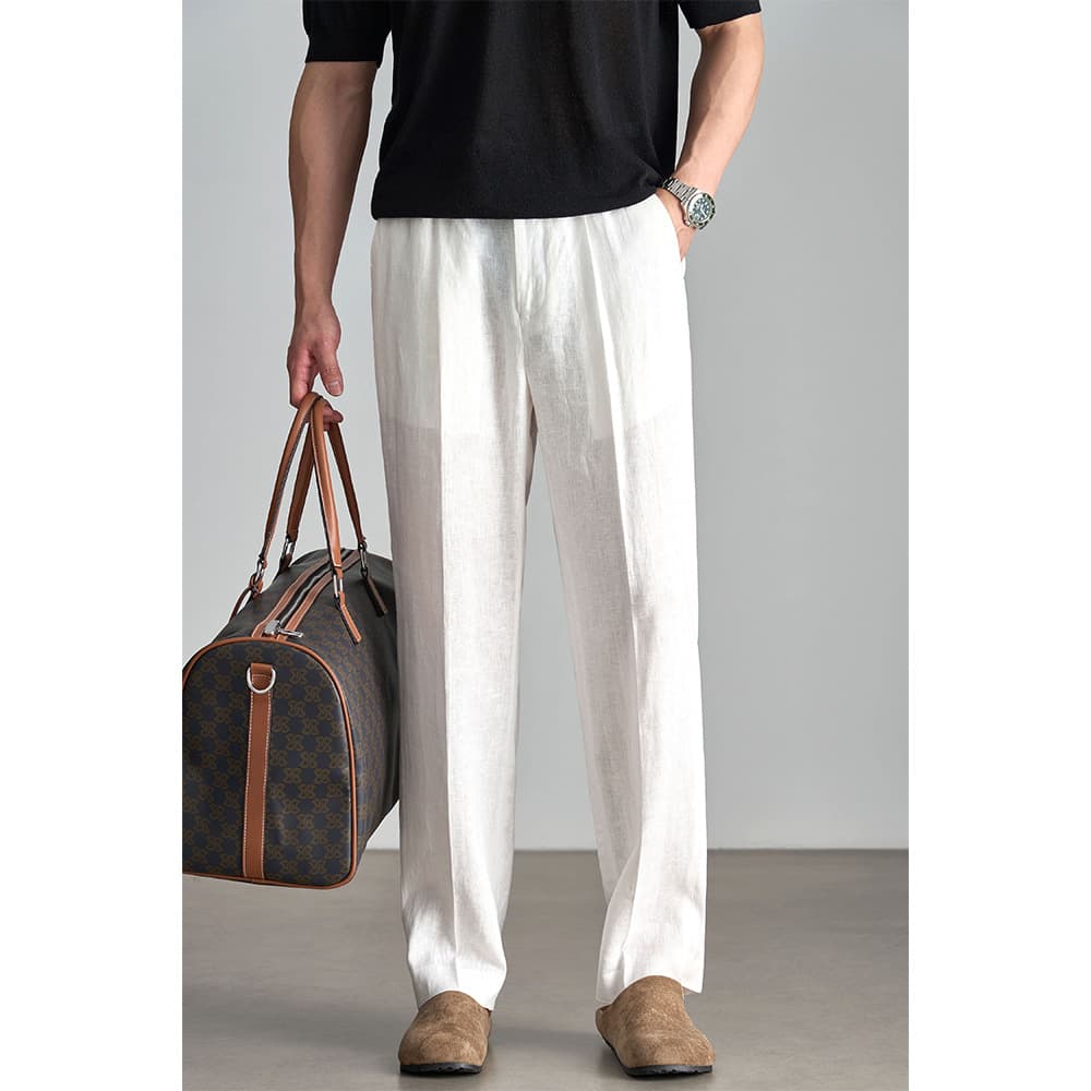Old Money Style 100% Linen Men's Straight Leg Pants Relaxed Loose Fit Clean Look Draped Suit Trousers
