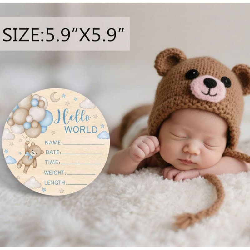 Baby Shower Hello World Newborn Logo Blue Teddy Bear Baby Growth Souvenir for Mom