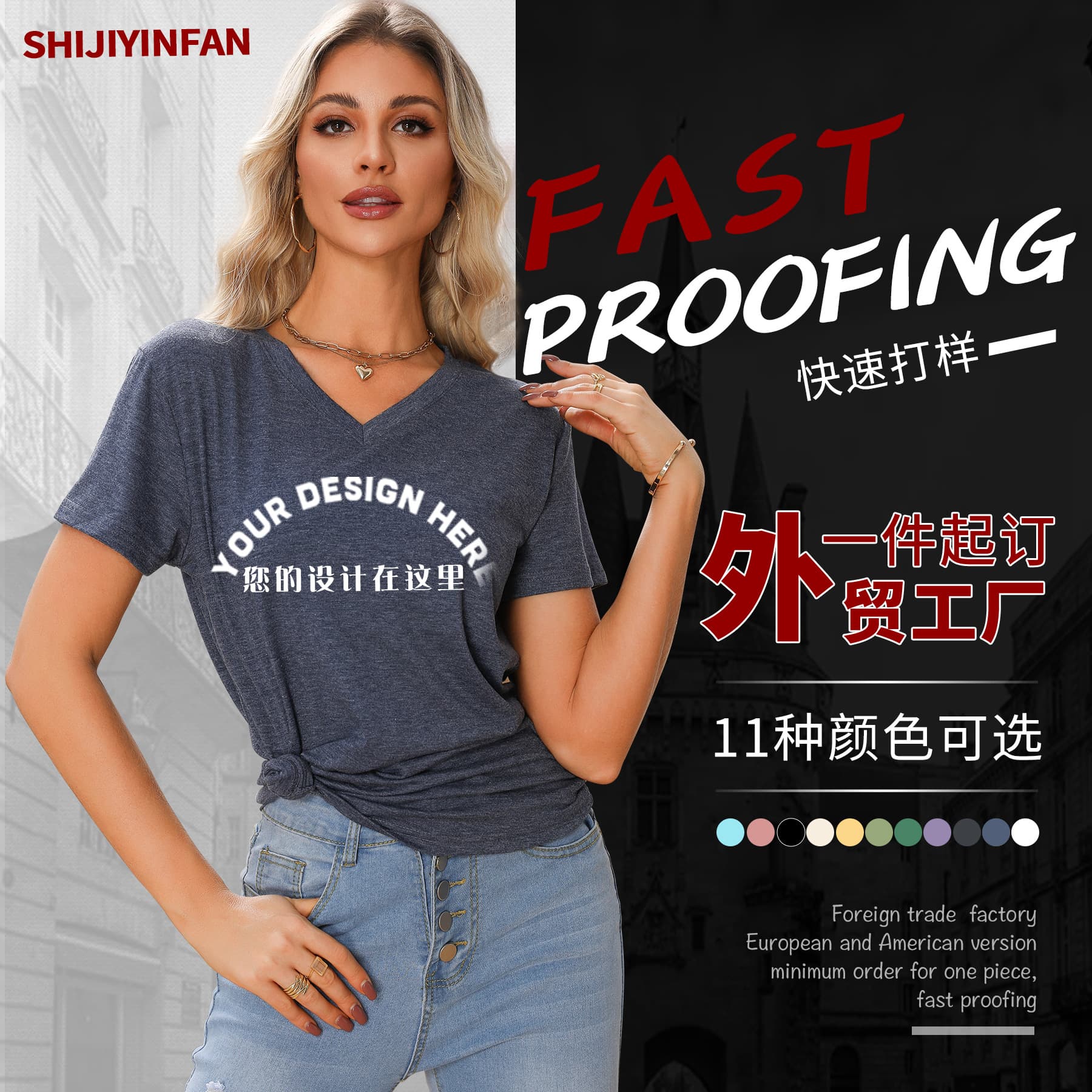 Foreign trade one-piece custom DIY pattern printing, fashionable in-stock Europe and America, wholesale women's V-neck short-sleeve shirt