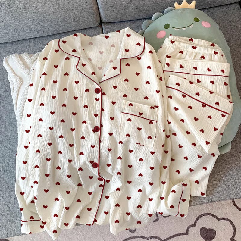 Ins Han Feng Love Pajamas Women's Spring and Autumn New Long Sleeve Wrinkled Cloth Sweet Girl Suit Home Clothes Wholesale