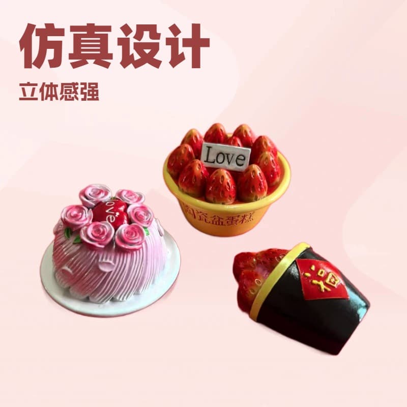Strawberry Ceramic Pot Cake Food Toy Series Creative 3D Realistic Food Flower Cake Refrigerator Magnet Resin Decoration