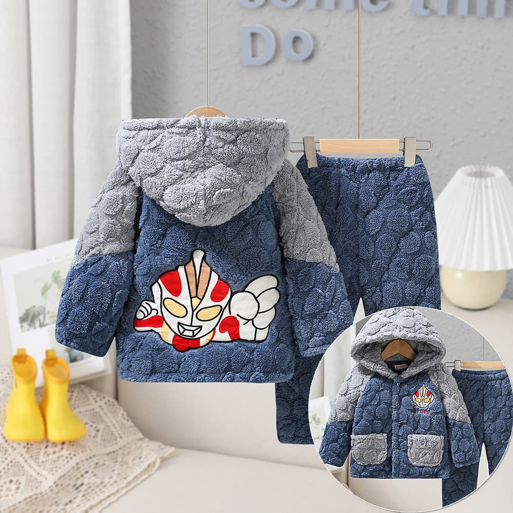 Autumn Winter Kids Quilted Flannel Warm Pajama Set Loungewear Coral Fleece Thickened Fleece-Lined Cotton Coat Jacket