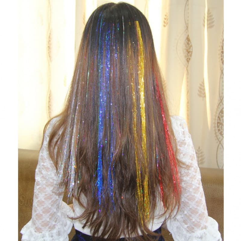 Wig Hair Extensions, Colorful Shiny Hair Extensions, Iridescent Strands, Seven-Color Strands, Gold and Silver Strands, Laser Glitter Hair Extensions