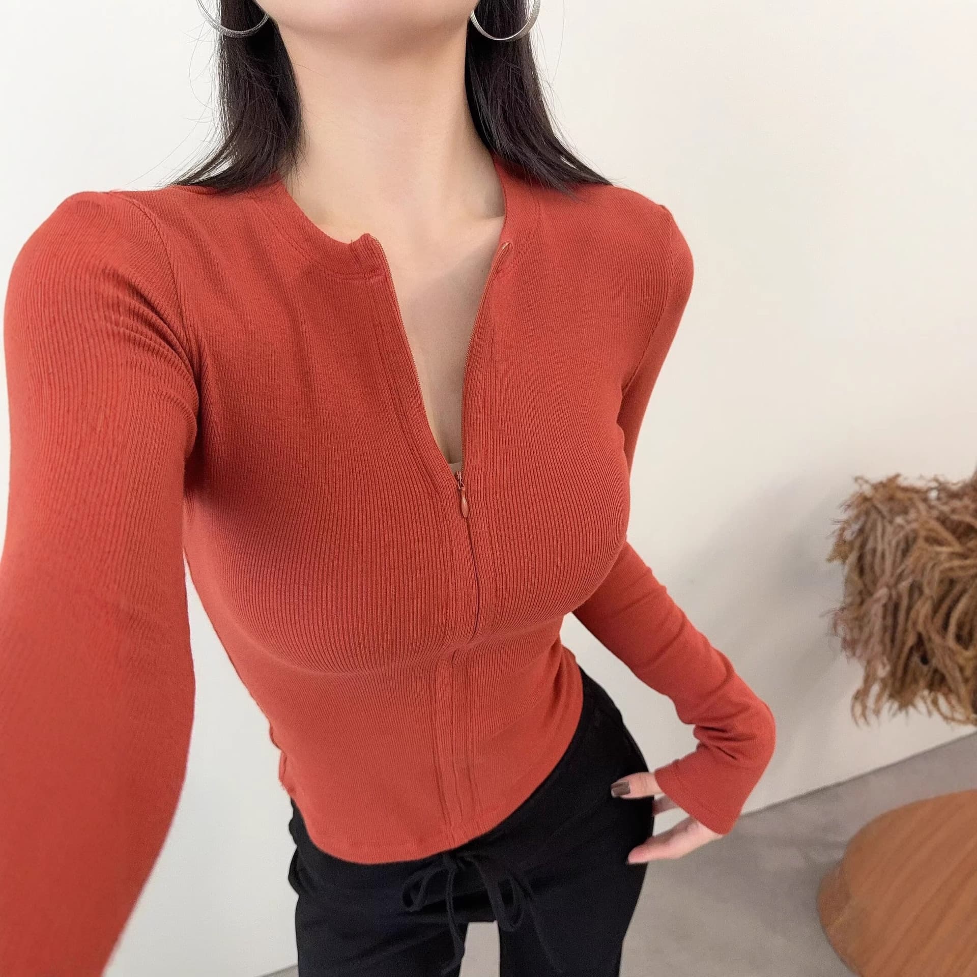 2025 Autumn Women's Threaded Invisible Zipper Slim Sports Long Sleeve Solid Color Slim Sports Top