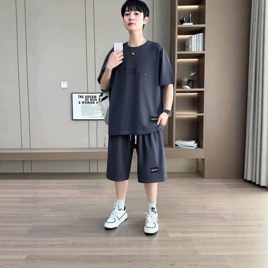 Men's Casual Summer Set, Loose Breathable Short Sleeve T-Shirt, Korean Fashion Trendy Men's Sports Outfit