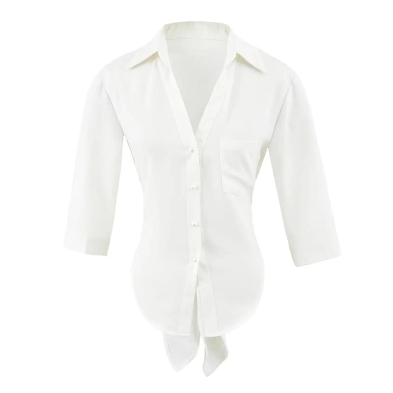 Pure Desire Style Linen Waist-Revealing Butterfly Tie Mid-Sleeve Solid Color Shirt Summer New Fashion Slim Waist Top for Women