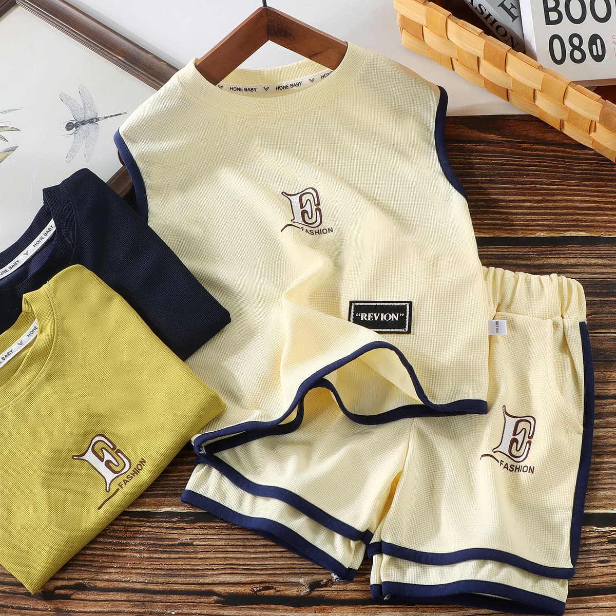 Children's Vest Set Boys Girls Korean Style Summer Sleeveless Waffle Casual Shorts Sporty Trendy Summer Wear