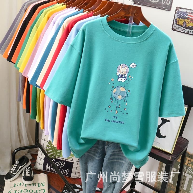 Women's Cotton Short Sleeve T-Shirt Summer Korean Loose Round Neck Stylish Print Versatile Top Trendy Women's T-Shirt Wholesale