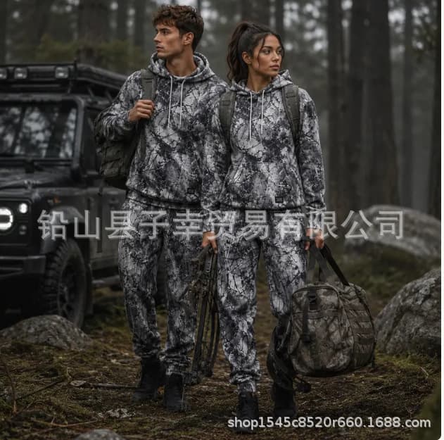 European and American Outdoor Hunting Style Gray Black Branch Camo Hoodie Set Couple Loose Pullover Hoodie Jogger Pants