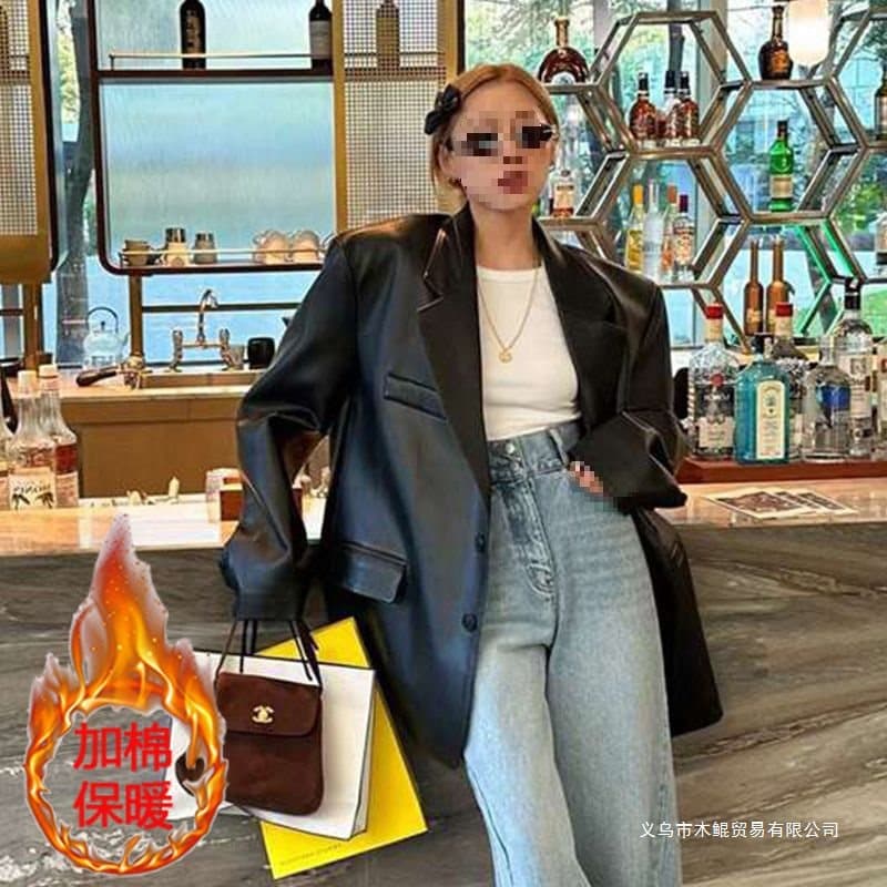 Non-cracking leather jacket with padded shoulders, women's style, 2025 spring and autumn new loose-fitting suit, plus size women's suit.