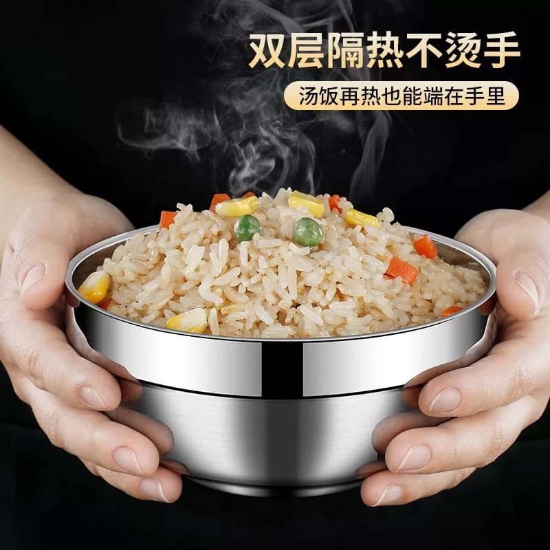 Stainless steel bowl children's student home bowl insulated and thickened cross-border anti-fall eating bowl double-layer set instant noodle soup bowl