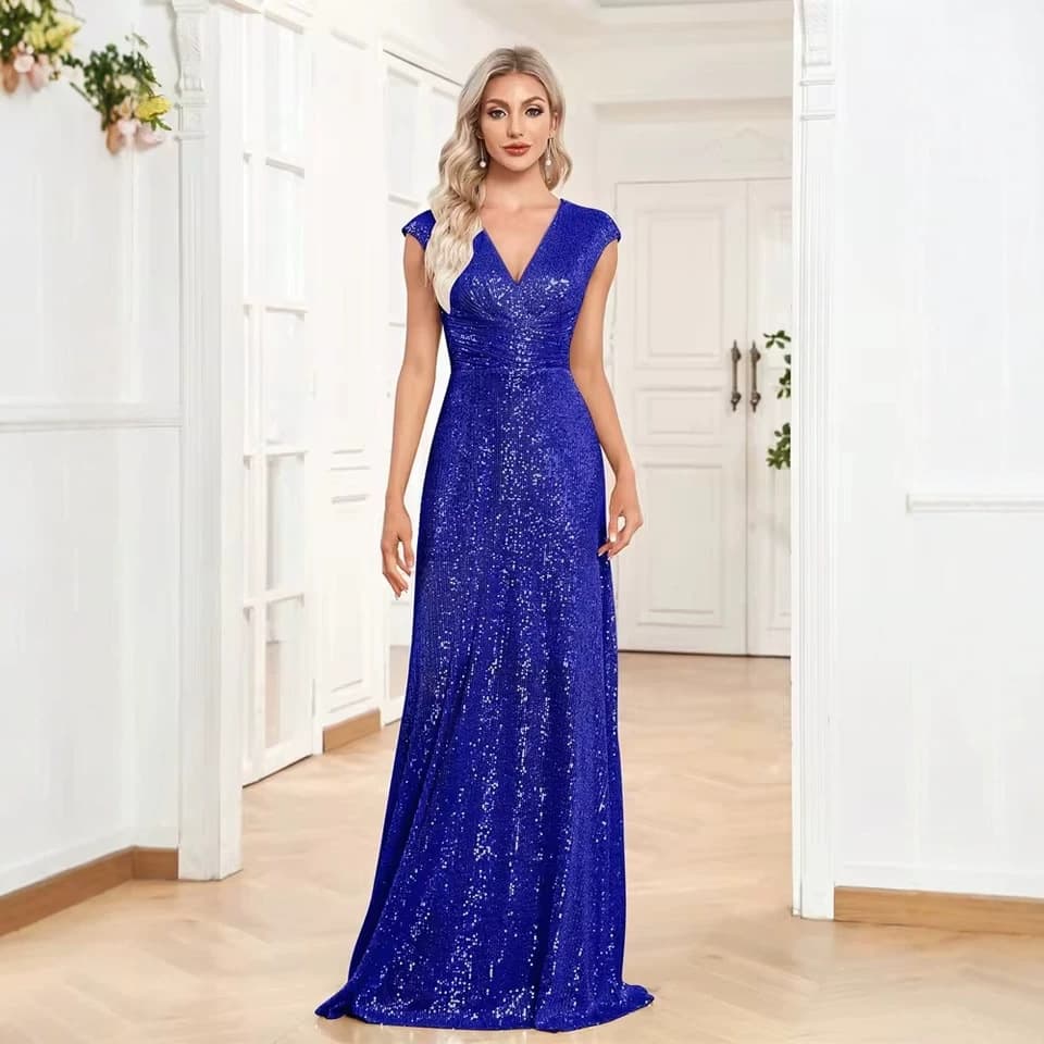 Evening dress AliExpress Amazon foreign trade European and American V-neck sleeveless sequined slim long banquet wedding bridesmaid dress
