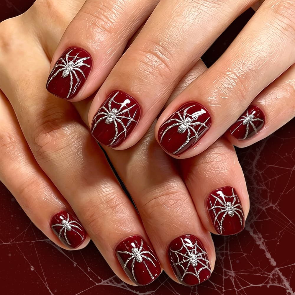 Retro Red-Toned Dark Halloween Nail Art, Wine Red with Fine Glitter Silver Powder, Spider Design, Short Square Shape, Flattering for Skin Tone, 24 Pieces, Detachable