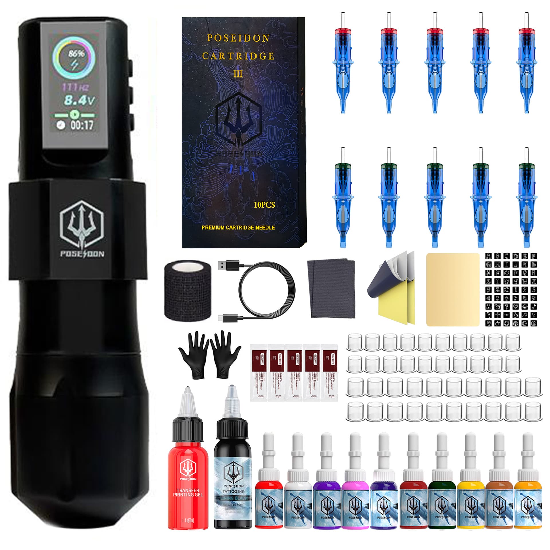Cross-border Exclusive Poseidon Tattoo Pen Set, Plastic Liner and Shader Tattoo Machine, Poseidon Tattoo Kit