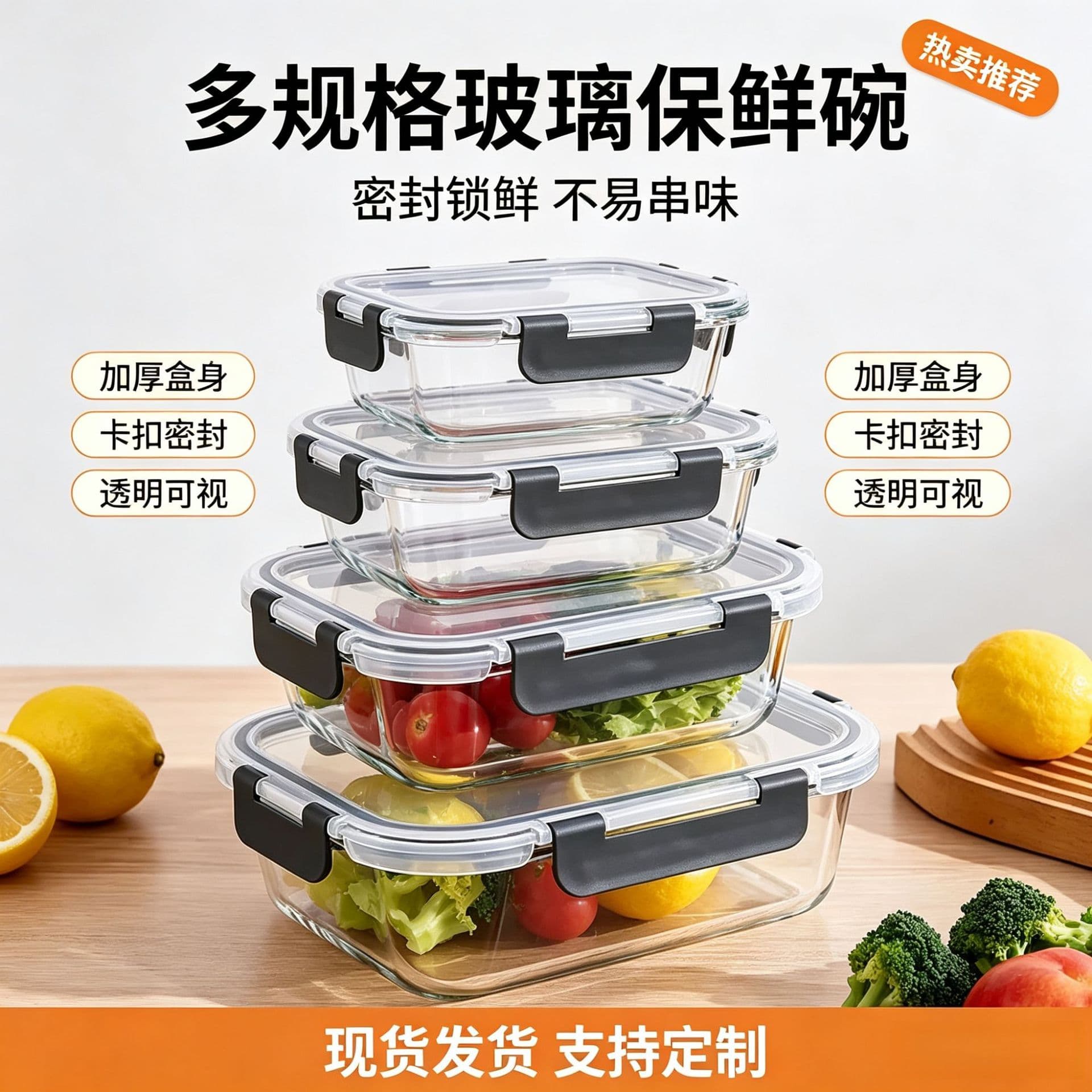 Transparent fresh-keeping bowl, high borosilicate glass lunch box, microwaveable, fruit lunch box, sealed food box wholesale
