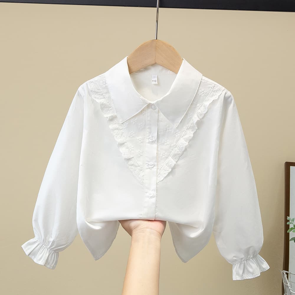 Girls Shirt Spring Autumn New White Big Child Stylish Girl Top Long Sleeve Student Doll Collar Blouse