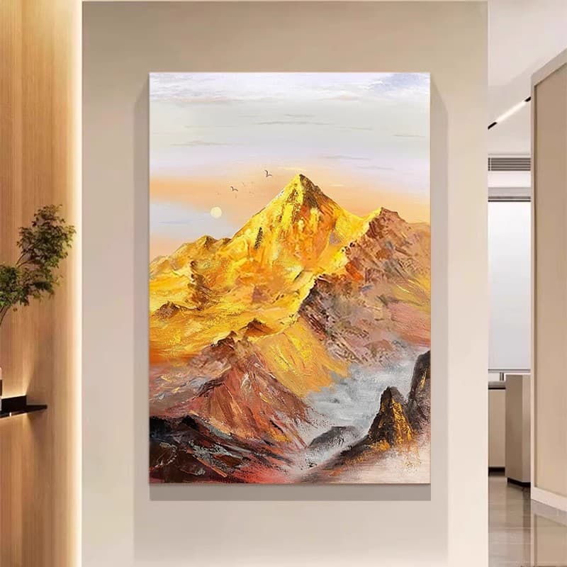 Pure Hand-Painted Oil Painting "Sunlit Golden Mountain" Sofa Background Wall Living Room Decor, Entryway Abstract Landscape Texture Art