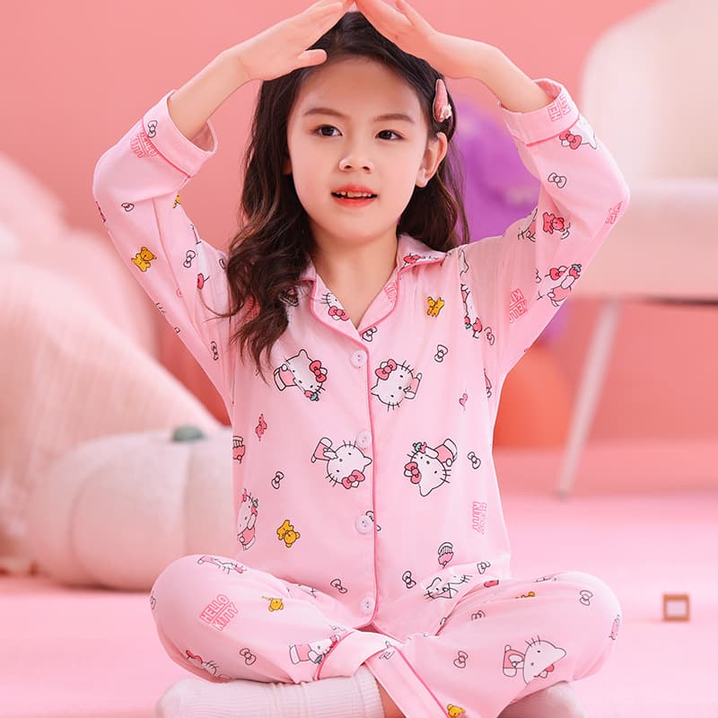 Girls' Pajamas Summer Set Imitation Cotton Children's Pajamas Girls Turn-Down Collar Long Sleeve Long Pants Cardigan Homewear Set