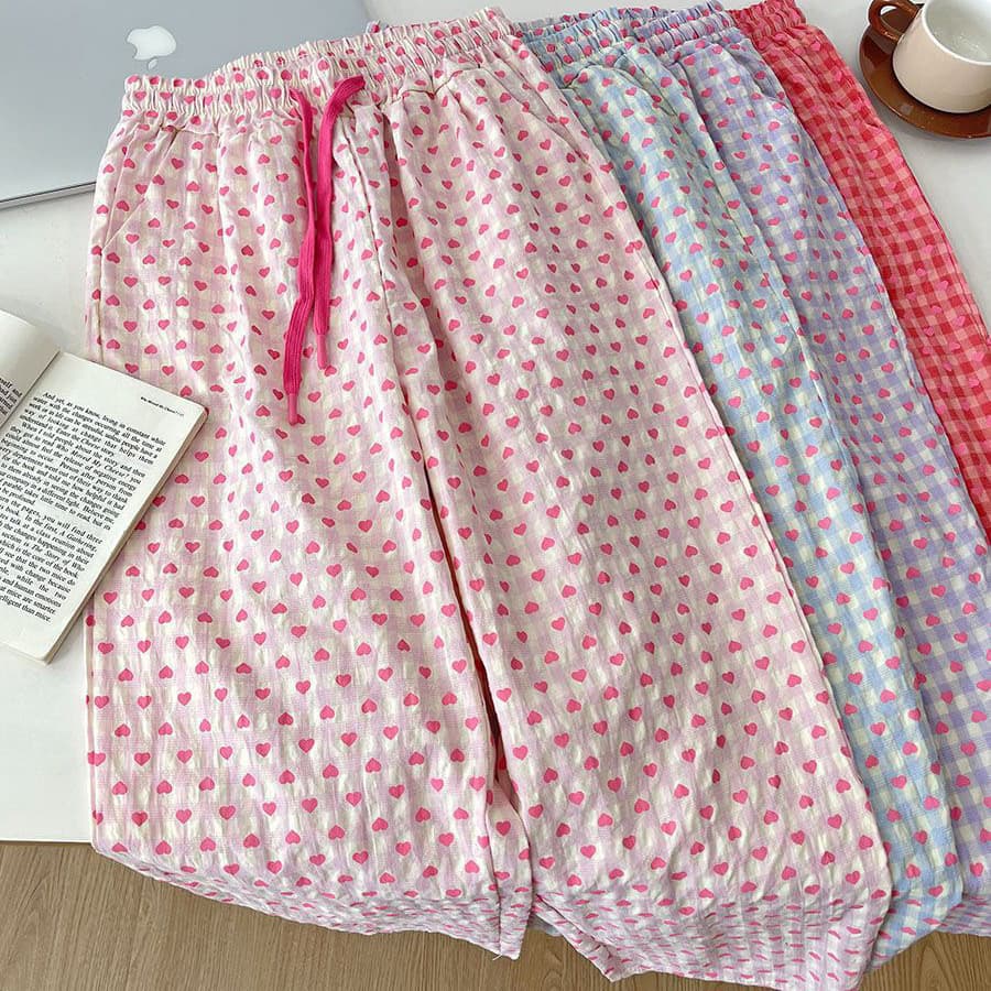 Korean Style Heart Print Sleep Shorts for Women, Summer Thin, Breathable, Comfortable, Casual Plaid Lounge Pants, Walking Pants