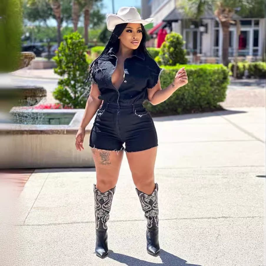 Amazon Cross-Border Hot Selling European and American Clothing Sexy Short-Sleeved Stretch Denim Jumpsuit Shorts Summer New Jumpsuit