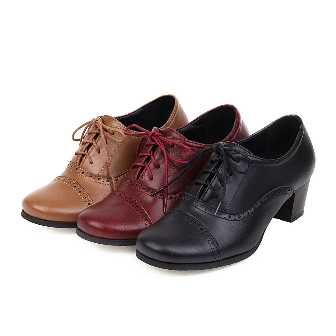 40-43 Large Size Shoes for Export Cross-border Chunky Heel Lace-up Flats Vintage Brogue Carved Leather Mid-heel Shoes