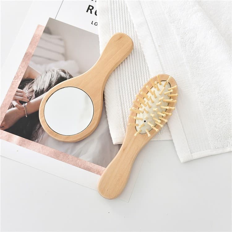 Travel Mini Portable Comb Mirror Portable Makeup Mirror Comb Set Men's and Women's Solid Wood Comb Air Cushion Massage Comb