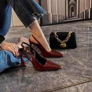 2026 New Wine Red Covered Toe Sandals Women Back Strap Patent Leather Versatile Thin Heel Pointed Toe High Heel Women's Sandals
