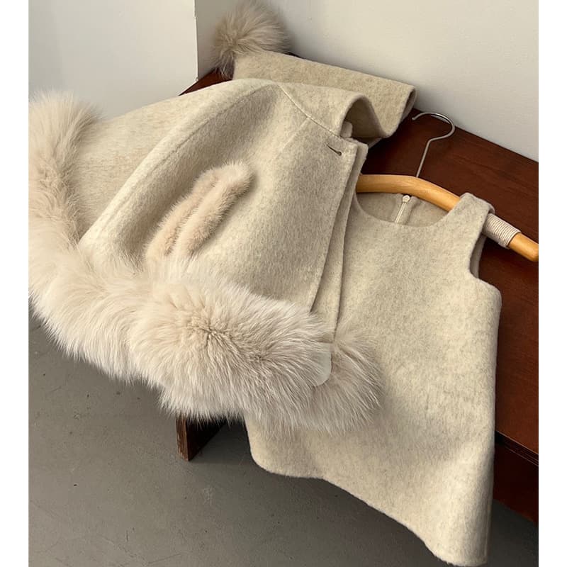 Tianxiaosi children's clothing girls' wool suit autumn and winter 25 new children's style fox fur woolen coat vest skirt