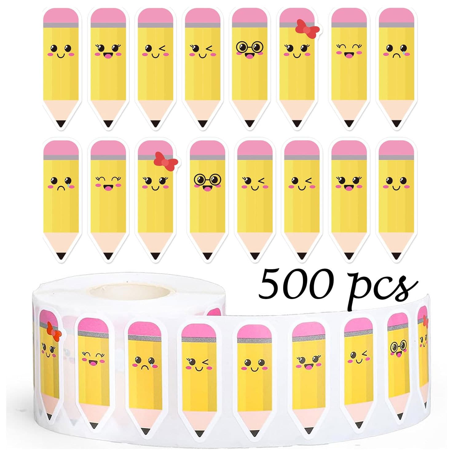 500 Stickers/Roll Smiley Cartoon Pencil Doodle Stickers 1.5in 8 Designs Creative Scrapbook Material Gift Wrapping Stickers