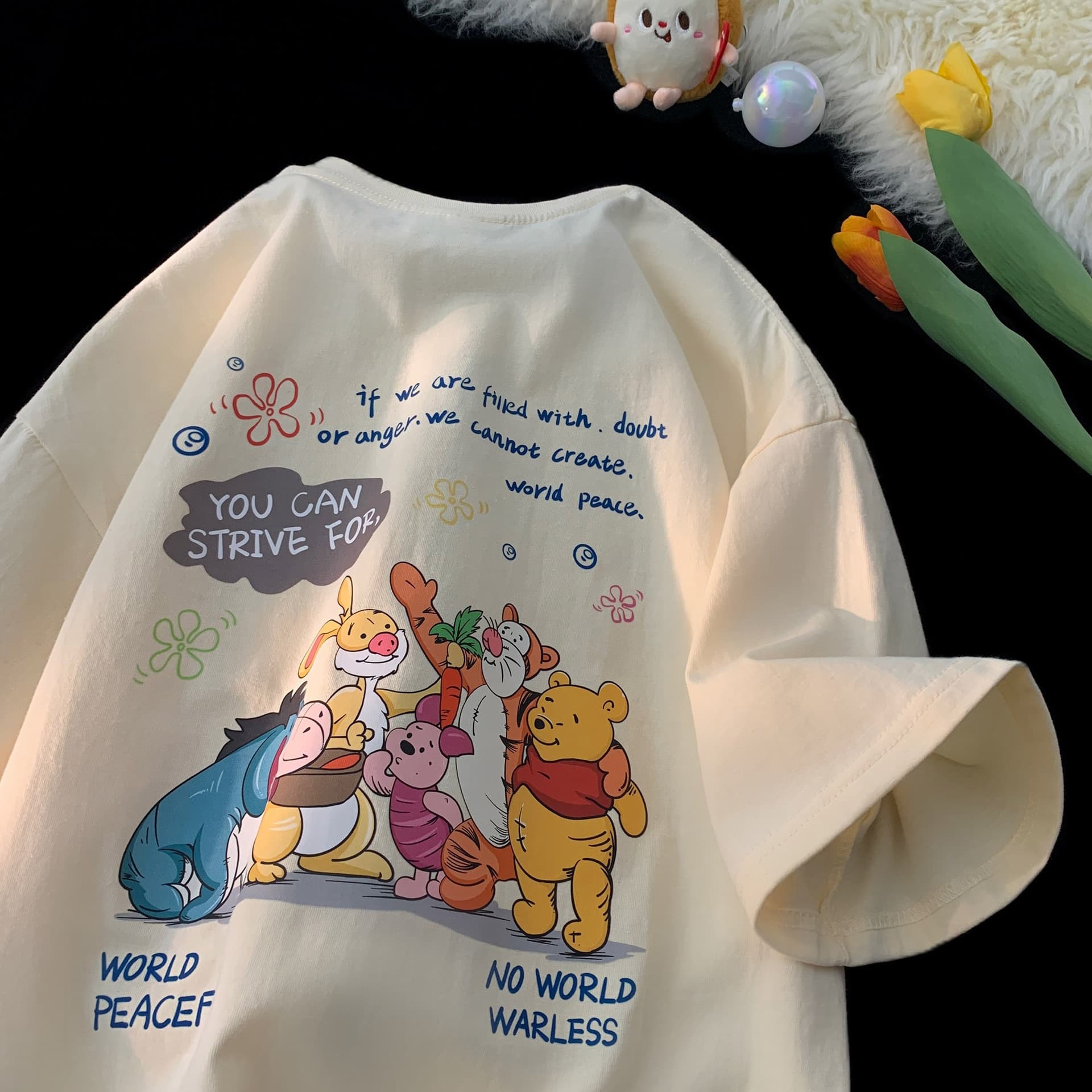 Pure cotton back collar Japanese cartoon cute Winnie the Pooh clothes short-sleeved ins summer new style loose and versatile