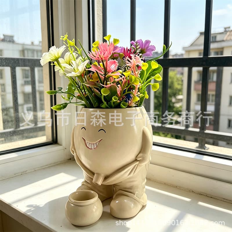 New Cross-border Cute Sitting Flower Pot for Succulents and Plants, Creative Planter Decor for Outdoor Garden and Courtyard