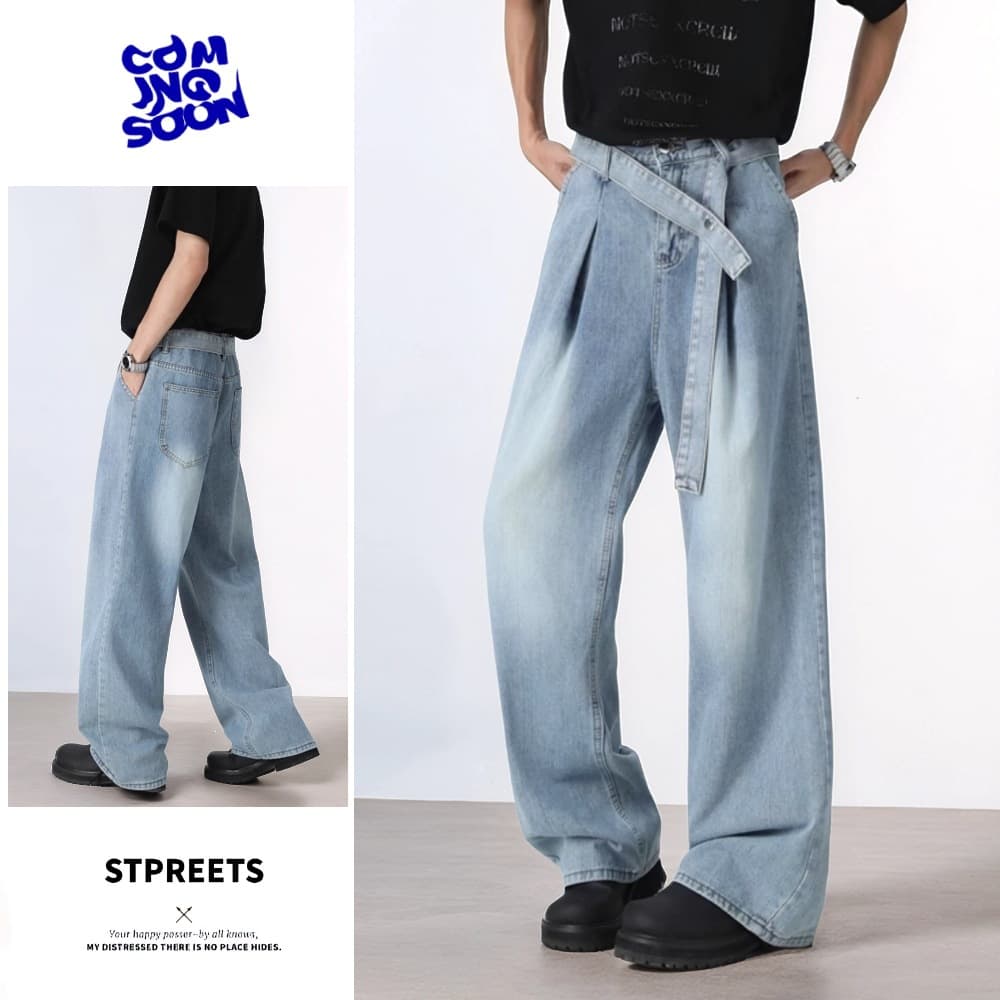 2026 Summer American Retro Jeans for Men Vintage Blue Belt Design High-End Wide Leg Curved Knife Pants