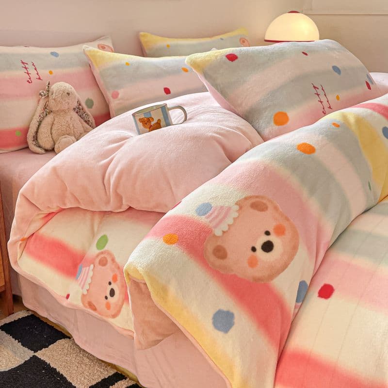 Class A Winter Thickened Milk Fleece 4-Piece Set, Single Duvet Cover Cartoon Fresh Style Thick Plush Dormitory Sheet 3-Piece Set