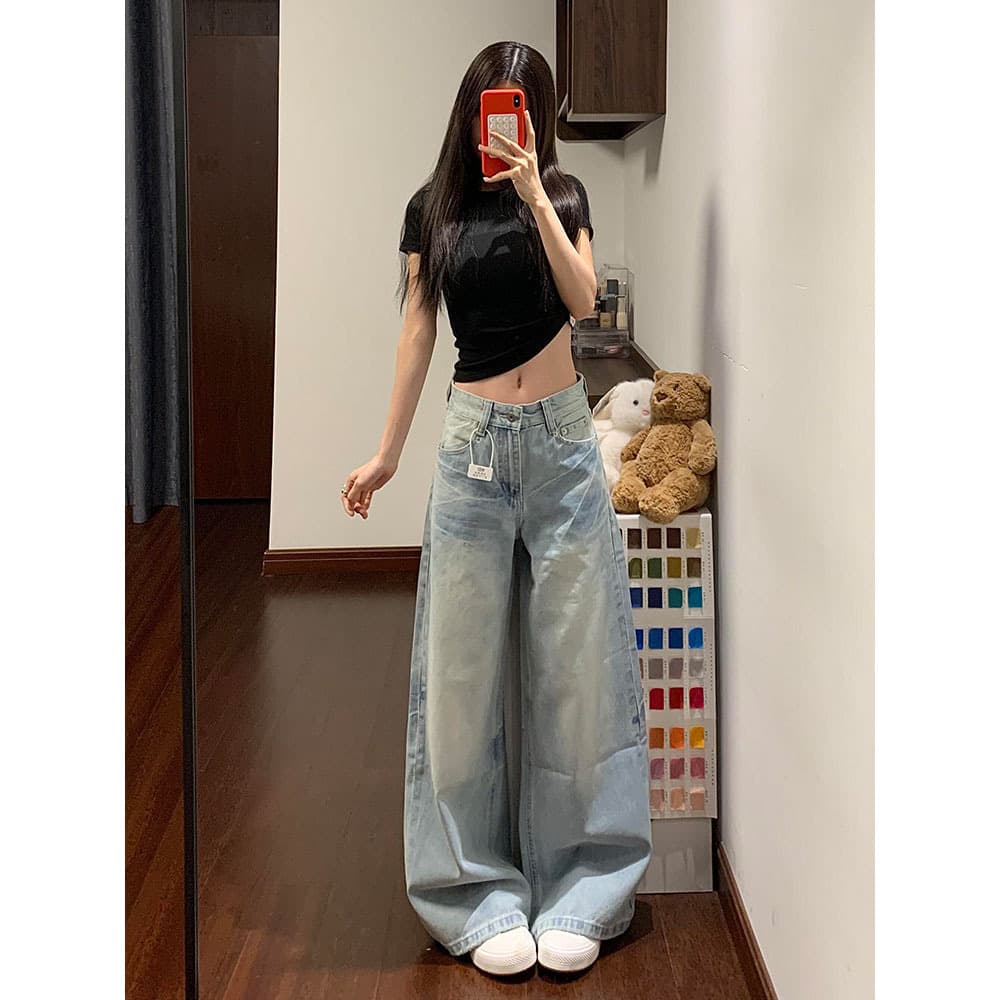 Light Blue Washed Whisker Wide-Leg Jeans for Women 2026 Spring/Summer New Loose Fit Slimming Straight-Leg Floor-Length Pants