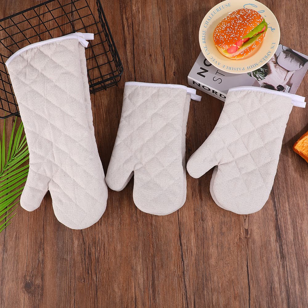 White Long Oven Mitts High Temperature Resistant Cotton Linen Thickened Microwave Gloves Kitchen Baking Heat Insulation Anti-Scald Gloves