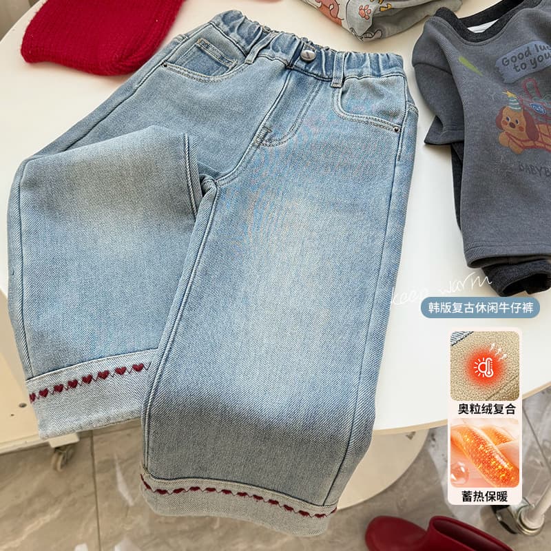 Girls' Fleece-Lined Jeans, Loose Straight-Leg Children's Pants, Integrated Plush Thickened Warm Casual Washed Trousers for Autumn/Winter