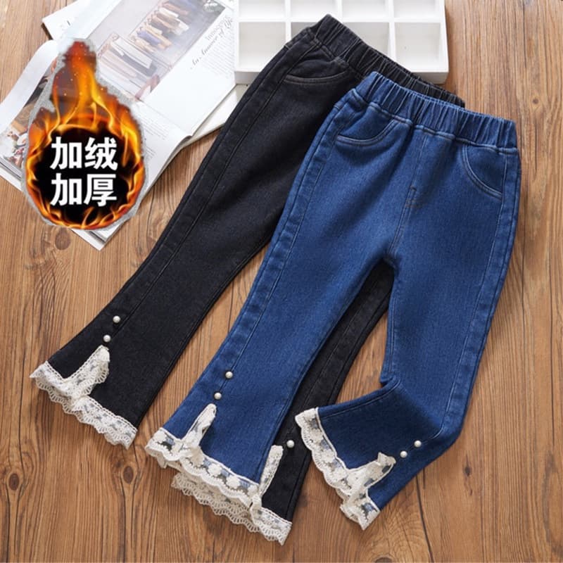 2025 Winter New Style Girls' Jeans, Fleece-lined and Thickened, Mid-to-Large Size, Flared Pants, Warm Cotton Pants for Children