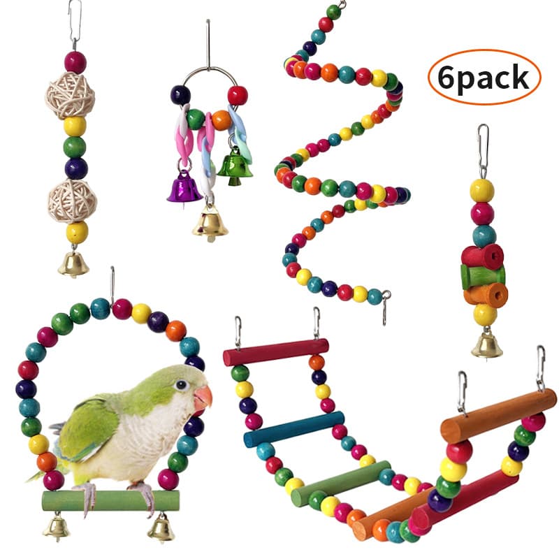 Parrot Toy Set Wooden Swing Ladder Colorful Chewing Beads for Cockatiels Budgies Bird Cage Supplies