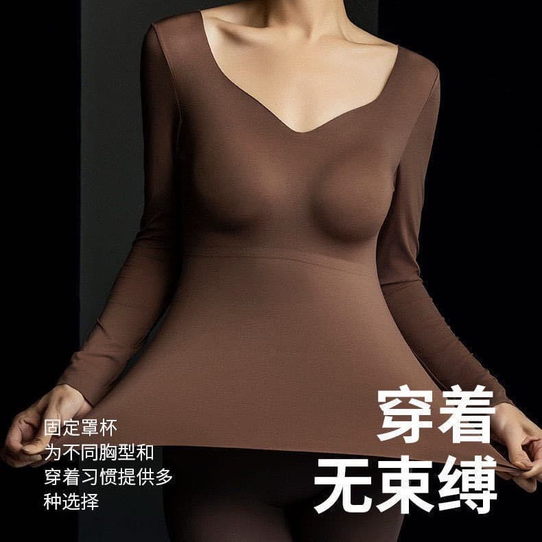 Autumn/Winter New Invisible One-Piece Fleece-Lined Heating Warm Base Layer for Women, Long-Sleeve Low Neck with Built-in Bra Inner Wear Skin-Friendly Shirt