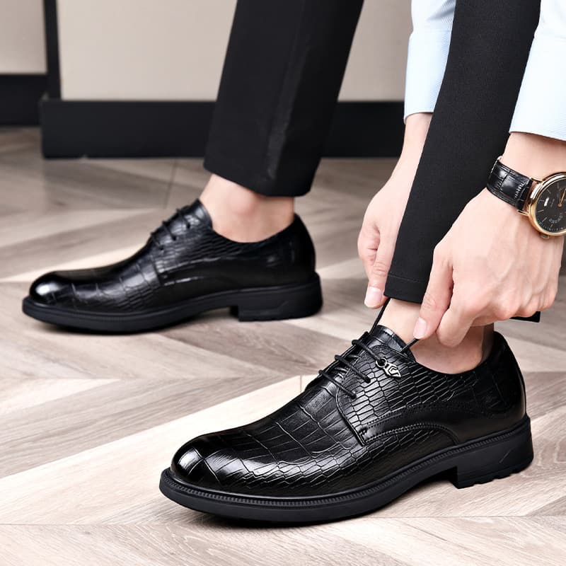 Men's Business Casual Lace-Up Pointed Toe Shoes Crocodile Print Fashion British Versatile Formal Dress Shoes