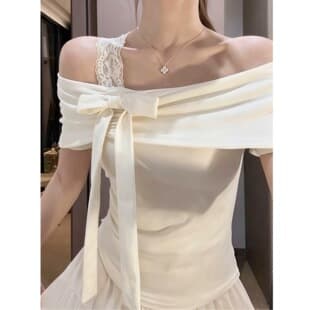 Fashion French Gentle High-End White Off-Shoulder Short Sleeve T-Shirt for Women Lace Trim Bow Tie Top