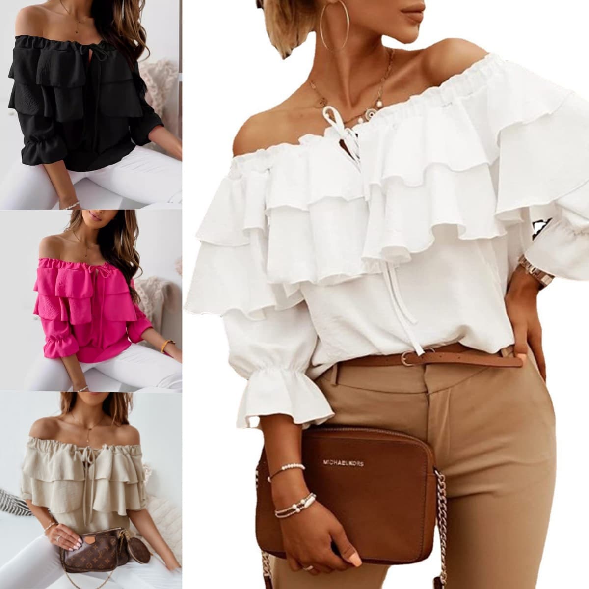 2025 Cross-Border Off-Shoulder Chiffon Top Women Elastic Shoulder Tie Ruffle Blouse Casual Loose Medium Sleeve Women's Top