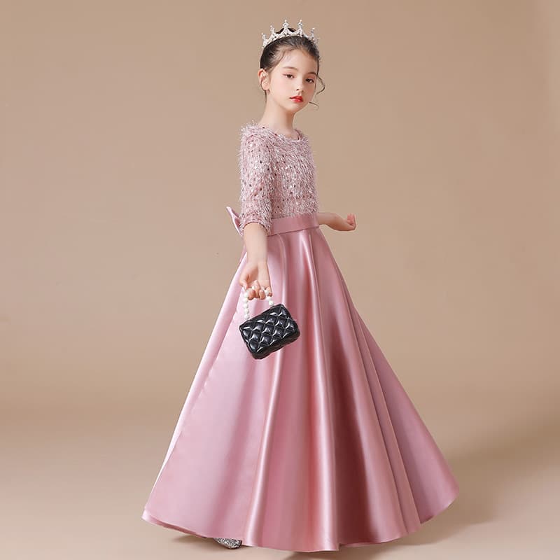 Girls' Pink Piano Bean Paste Evening Gown Performance Dress Princess Dress Half-Sleeve Long Children's Round Neck Sequin Performance Dress Summer