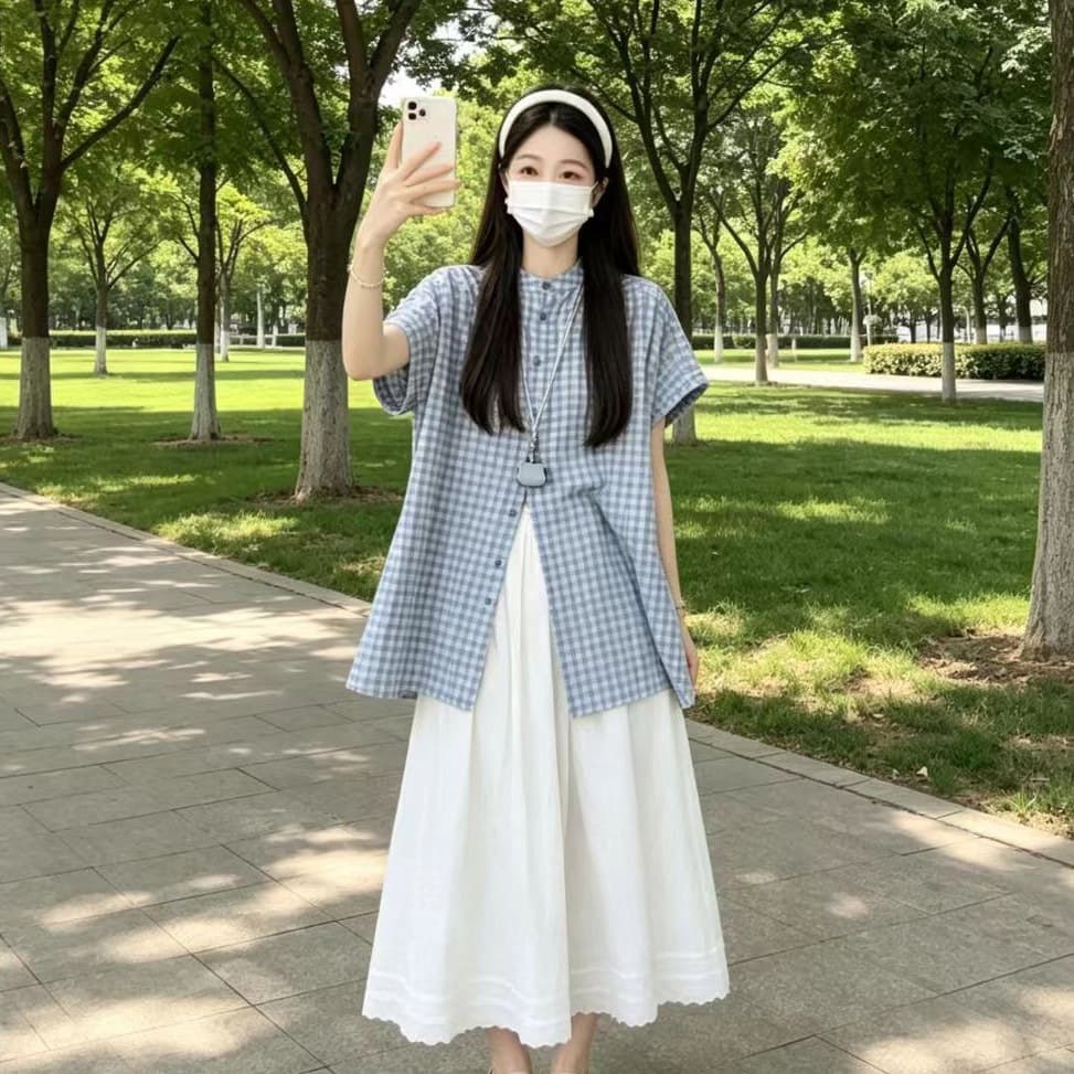 Real Shot of the New Summer Maternity Two-Piece Set: Loose-Fitting Stylish Plaid Shirt + Wide-Leg Pants Set, Cotton with Tags