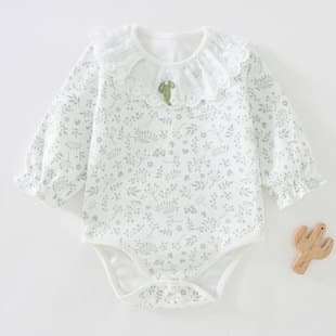 Spring/Autumn 100% Cotton Baby Romper, Lace Sleeve Newborn Seamless Clothes, Four-Season Boys and Girls Triangle Bodysuit