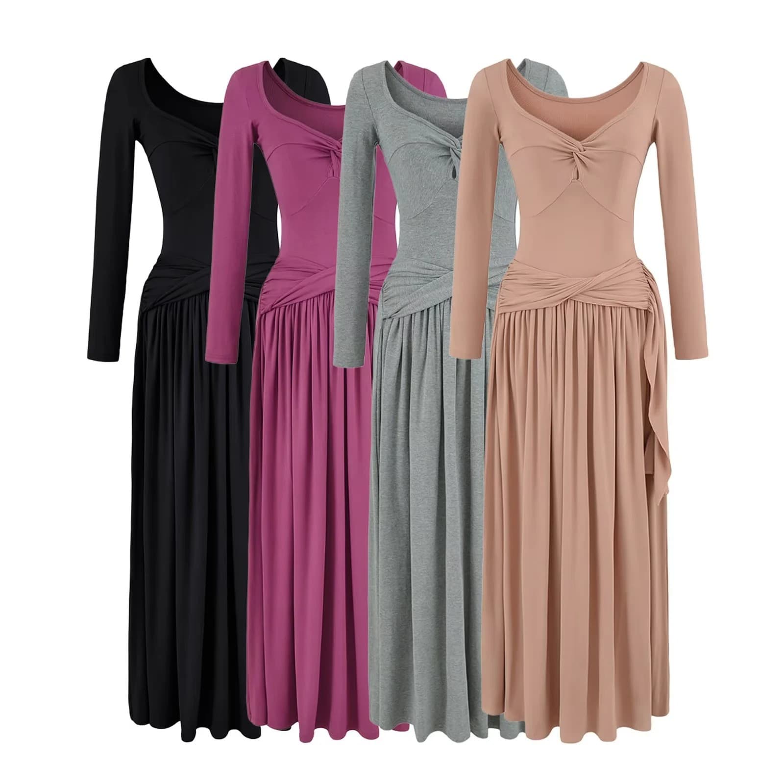 Sexy V-Neck Twist Bust Ruched Long-Sleeve Dress, New Fall/Winter Style, High-Waist Slimming Flared Long Dress